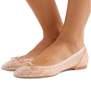 XYD Crystal Studs Ballet Flat Round Toe Rhinestone